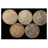 GROUP OF 5 US SILVER DOLLARS 1878-S 1880 1889-O 1891-O MORGAN 1922-S PEACE