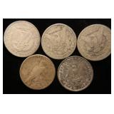 GROUP OF 5 US SILVER DOLLARS 1878-S 1880 1889-O 1891-O MORGAN 1922-S PEACE