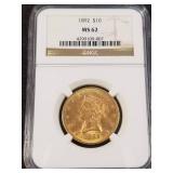 1892 US $10 LIBERTY GOLD EAGLE  MS62 NGC