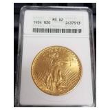 1924 US SAINT GAUDENS $20 DOUBLE EAGLE GOLD PIECE MS62 ANACS