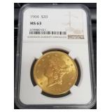 1904 US $20 DOUBLE EAGLE GOLD LIBERTY MS63 NGC