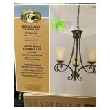 Hampton Bay Essex 3-Light Aged Black Chandelier with Tea Stained Glass Shades in good condition