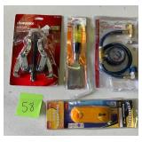 Hand tool lot- Husky 2- Jaw reversible puller, Buck Bros. Wood chisel, a/c pro charging hose, zircon Studsensor