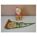 VINTAGE 1950s MATTEL CLOWN IN THE BOX - VINTAGE SHRINE CIRCUS SOUVENIR PENNANT - SEE PICTURES!