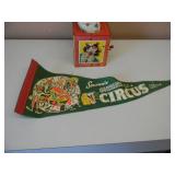VINTAGE 1950s MATTEL CLOWN IN THE BOX - VINTAGE SHRINE CIRCUS SOUVENIR PENNANT - SEE PICTURES!