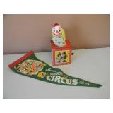 VINTAGE 1950s MATTEL CLOWN IN THE BOX - VINTAGE SHRINE CIRCUS SOUVENIR PENNANT - SEE PICTURES!