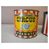 2 VINTAGE CIRCUS PEANUTS TIN CANS WITH LIDS DATED 1946 & 1946/1957 Colorful very collectible cans! - 8OZ & 6 1/4OZ - SEE PICTURES!