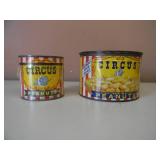 2 VINTAGE CIRCUS PEANUTS TIN CANS WITH LIDS 1 DATED 1946 TOP MARKED PREMIUM OFFER INSIDE 8OZ (IN SHRINK WRAP) & 1 DATED 1946/1957 13OZ Colorful very collectible cans! - SEE PICTURES!