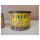 2 VINTAGE CIRCUS PEANUTS TIN CANS WITH LIDS 1 DATED 1946 TOP MARKED PREMIUM OFFER INSIDE 8OZ (IN SHRINK WRAP) & 1 DATED 1946/1957 13OZ Colorful very collectible cans! - SEE PICTURES!