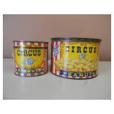 2 VINTAGE CIRCUS PEANUTS TIN CANS WITH LIDS 1 DATED 1946 TOP MARKED PREMIUM OFFER INSIDE 8OZ (IN SHRINK WRAP) & 1 DATED 1946/1957 13OZ Colorful very collectible cans! - SEE PICTURES!