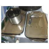 Lamps, roaster pan, Pyrex baking dishes.