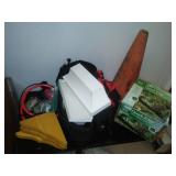 Miscellaneous floating shelves, harness, casters, orange cone and more.