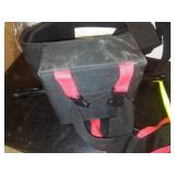 Miscellaneous floating shelves, harness, casters, orange cone and more.