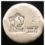 2 TROY OZ. .999 FINE SILVER HAND POURED ROUND