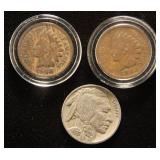 3 COINS 1902 1906 INDIAN HEAD CENTS 1937-D BUFFALO NICKEL