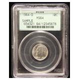 1964-D ROOSEVELT DIME MS64 PCGS SAMPLE SLAB RARE HOLDER