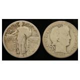 2 SILVER QUARTERS 1915 BARBER 1929 STANDING LIBERTY