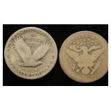 2 SILVER QUARTERS 1915 BARBER 1929 STANDING LIBERTY