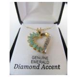 Matching Sterling Silver Earring & Pendant Set w/Genuine Emerald & Diamond Accents