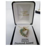 Matching Sterling Silver Earring & Pendant Set w/Genuine Emerald & Diamond Accents