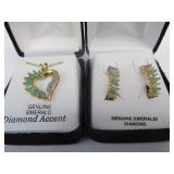 Matching Sterling Silver Earring & Pendant Set w/Genuine Emerald & Diamond Accents