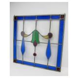 Vintage Stained Glass Wall Hanging w/Cobalt Blue Border & Decoration
