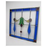Vintage Stained Glass Wall Hanging w/Cobalt Blue Border & Decoration