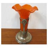 Antique Art Glass Floral Vase w/Silver Plated Stand