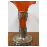Antique Art Glass Floral Vase w/Silver Plated Stand