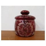 Antique Bohemian Etched Cranberry Glass Lidded Jar