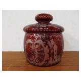 Antique Bohemian Etched Cranberry Glass Lidded Jar
