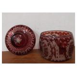 Antique Bohemian Etched Cranberry Glass Lidded Jar