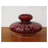 Antique Bohemian Etched Cranberry Glass Lidded Jar