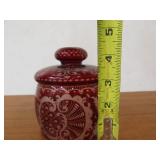 Antique Bohemian Etched Cranberry Glass Lidded Jar