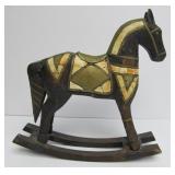 Vintage Carved Wood w/Brass & Inlaid Bone Horse Statue