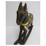 Vintage Carved Wood w/Brass & Inlaid Bone Horse Statue