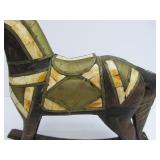 Vintage Carved Wood w/Brass & Inlaid Bone Horse Statue