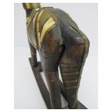 Vintage Carved Wood w/Brass & Inlaid Bone Horse Statue
