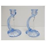 Pair of Shell Base Blue Crystal Candle Stands w/Prisms