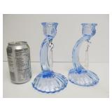 Pair of Shell Base Blue Crystal Candle Stands w/Prisms