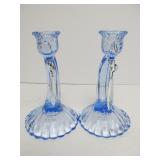 Pair of Shell Base Blue Crystal Candle Stands w/Prisms