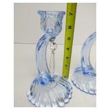 Pair of Shell Base Blue Crystal Candle Stands w/Prisms