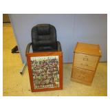 FILING CABINET, COMPUTER CHAIR AND FRAMED PUZZLE