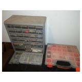 Plastic storage bins and case with contents