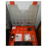 Plastic storage bins and case with contents