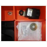 Plastic storage bins and case with contents