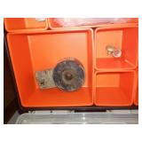 Plastic storage bins and case with contents