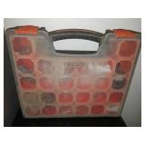 Plastic storage bins and case with contents
