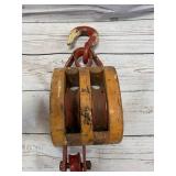 Vintage Wood / Metal Double Pulley Block & Tackle