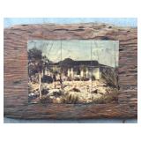 Vintage photos of houses  on piece of drift wood
